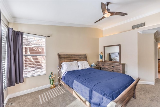 bedroom with ceiling fan, light colored carpet, and ornamental molding