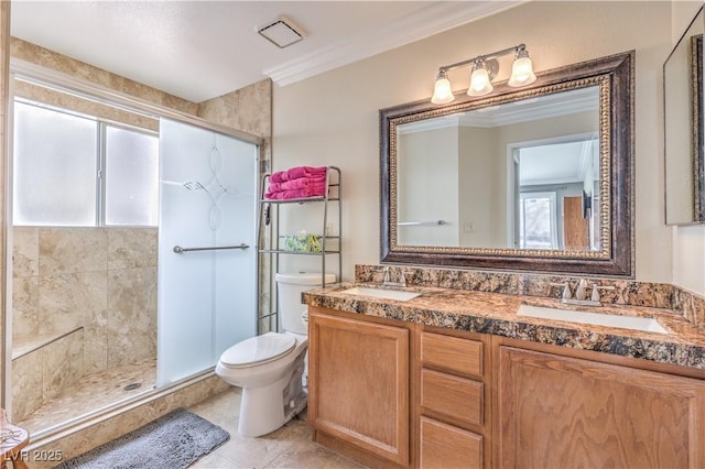 bathroom featuring a shower with door, vanity, a wealth of natural light, and toilet