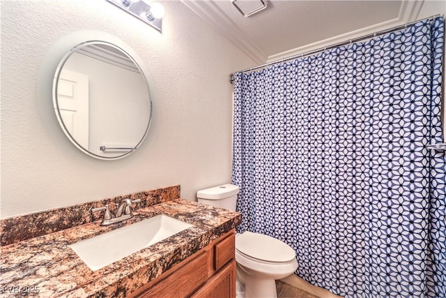 bathroom featuring vanity, crown molding, a shower with curtain, and toilet