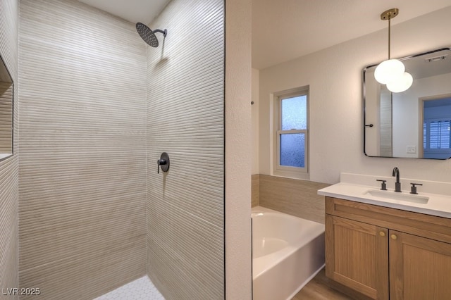 full bath featuring visible vents, tiled shower, vanity, and a bath