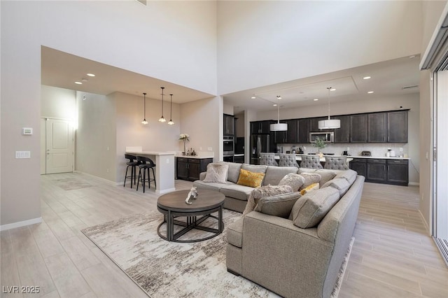 living room featuring a high ceiling and light hardwood / wood-style floors