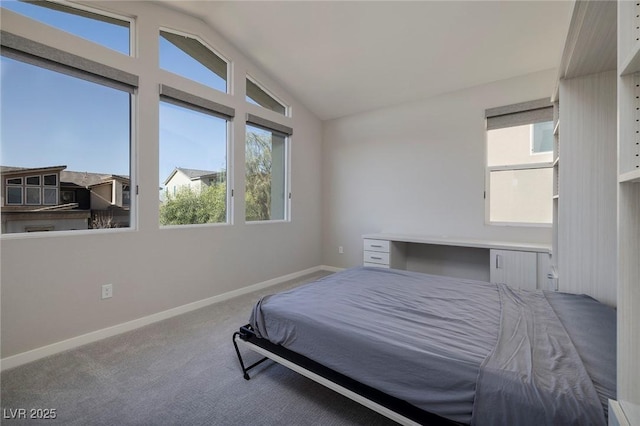 carpeted bedroom with vaulted ceiling