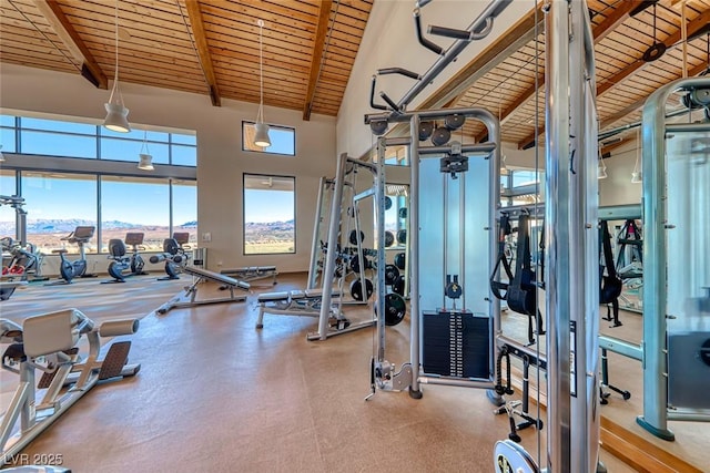 workout area with wood ceiling and high vaulted ceiling