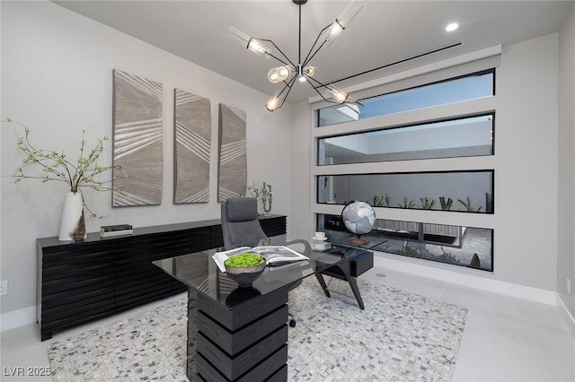 tiled office with a notable chandelier