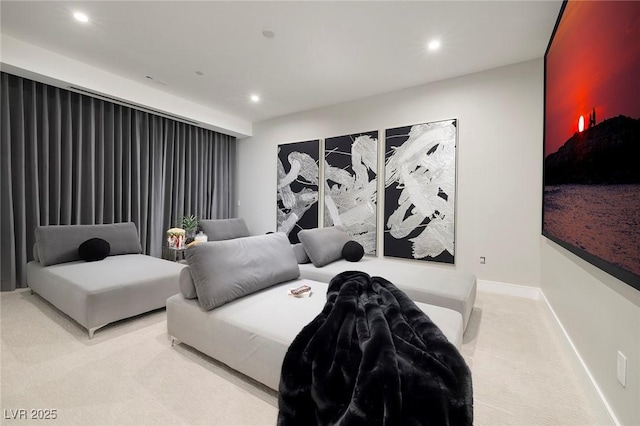 bedroom featuring light colored carpet