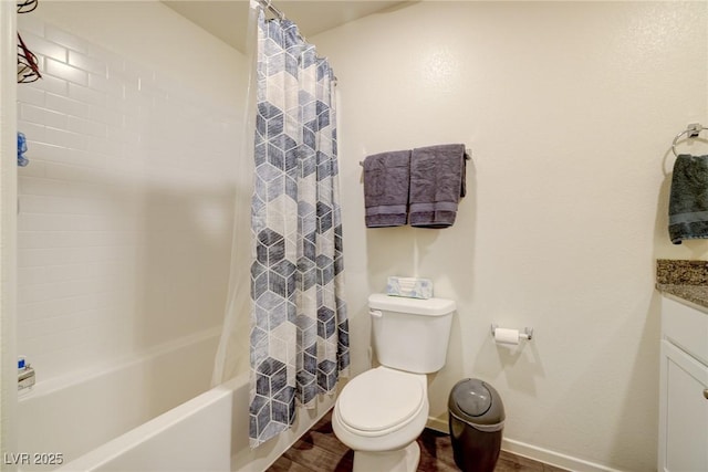 full bathroom featuring hardwood / wood-style flooring, toilet, shower / bathtub combination with curtain, and vanity