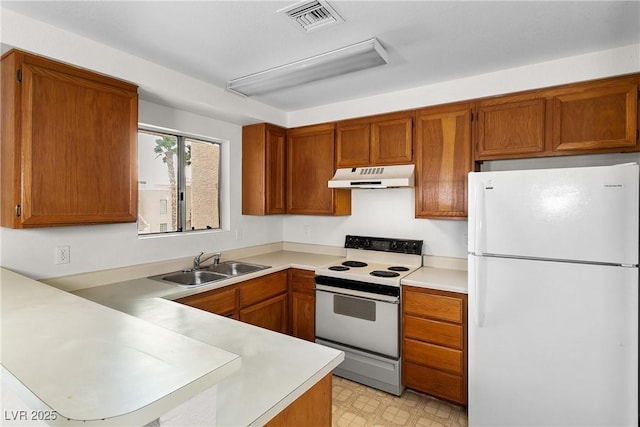 kitchen with sink, white appliances, and kitchen peninsula