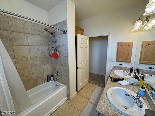 bathroom with tile patterned flooring, vanity, and shower / bath combo with shower curtain