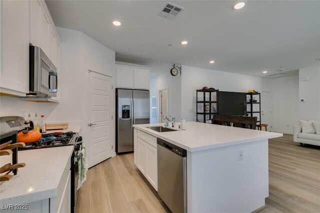 kitchen featuring appliances with stainless steel finishes, sink, a kitchen island with sink, and white cabinets