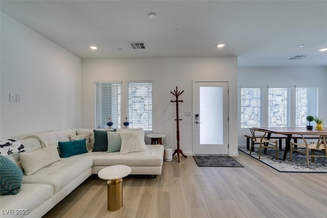 living room featuring plenty of natural light and light hardwood / wood-style flooring