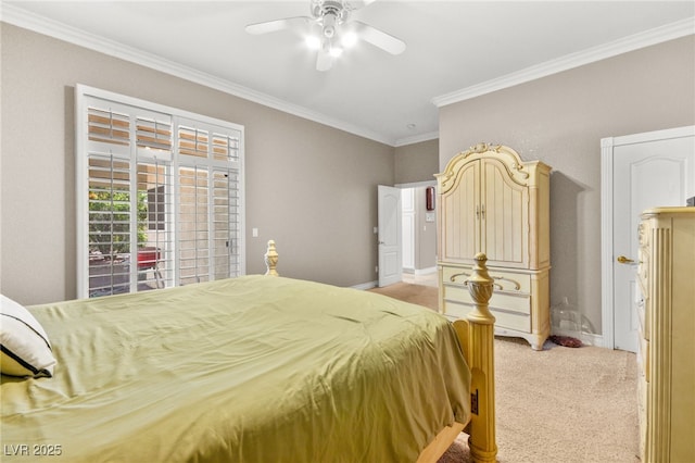 bedroom with light carpet, access to exterior, crown molding, and ceiling fan