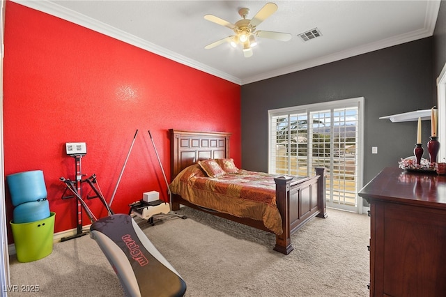 carpeted bedroom with ornamental molding, access to exterior, and ceiling fan