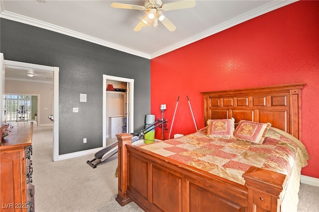 carpeted bedroom with crown molding, ceiling fan, and a spacious closet