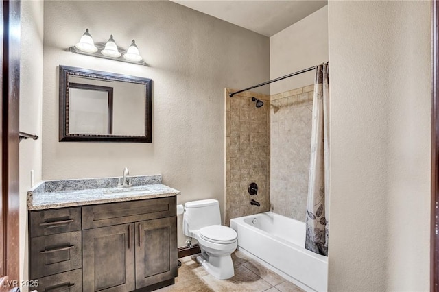 full bathroom with shower / bath combination with curtain, vanity, toilet, and tile patterned flooring