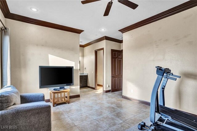 workout room featuring light tile patterned floors, ornamental molding, and ceiling fan