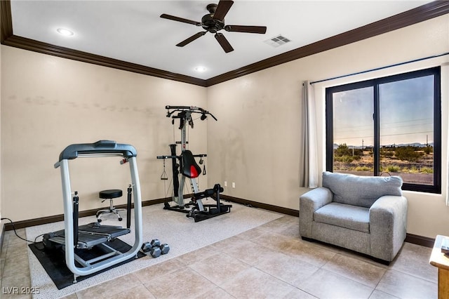 workout area featuring light tile patterned flooring, ceiling fan, and ornamental molding