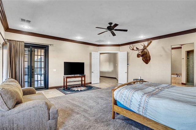 bedroom with french doors, light colored carpet, ornamental molding, ceiling fan, and access to exterior