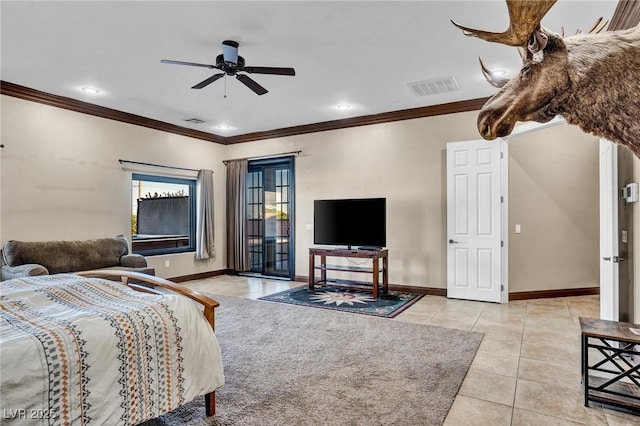 tiled bedroom with ceiling fan, ornamental molding, and access to exterior