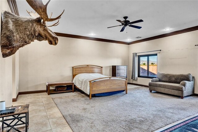 bedroom featuring light tile patterned flooring, ceiling fan, and crown molding