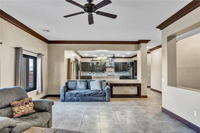 living room featuring crown molding, light tile patterned floors, and ceiling fan with notable chandelier