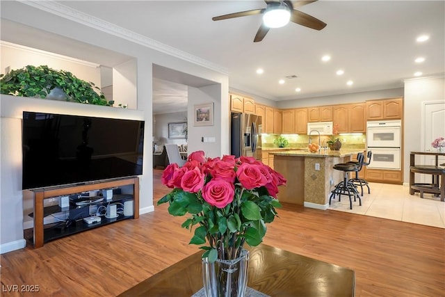 living room featuring crown molding, ceiling fan, and light hardwood / wood-style flooring