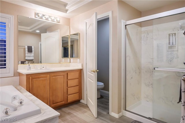 bathroom featuring vanity, hardwood / wood-style flooring, a shower with door, and toilet