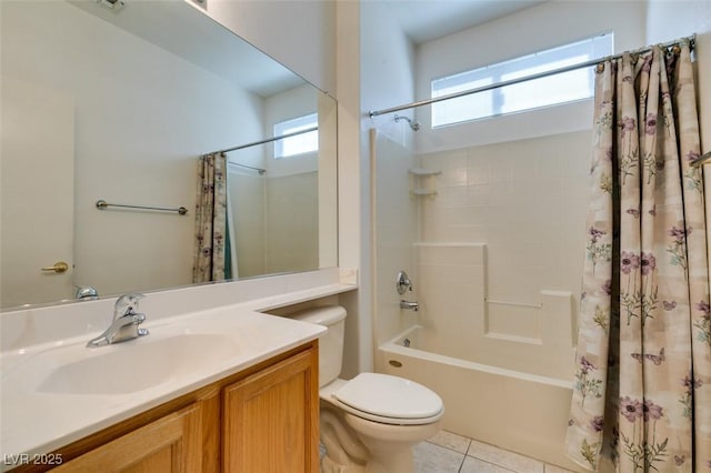 full bathroom featuring shower / bath combination with curtain, tile patterned floors, toilet, and vanity