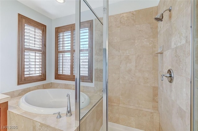 bathroom with vanity and plus walk in shower