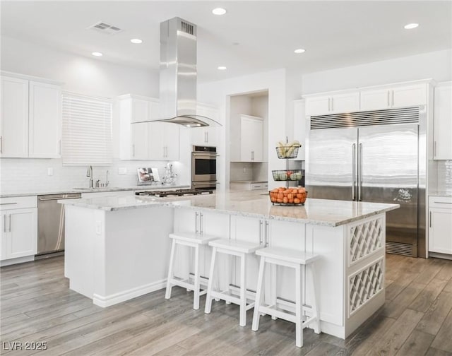 kitchen featuring white cabinets, light stone countertops, island exhaust hood, and stainless steel appliances