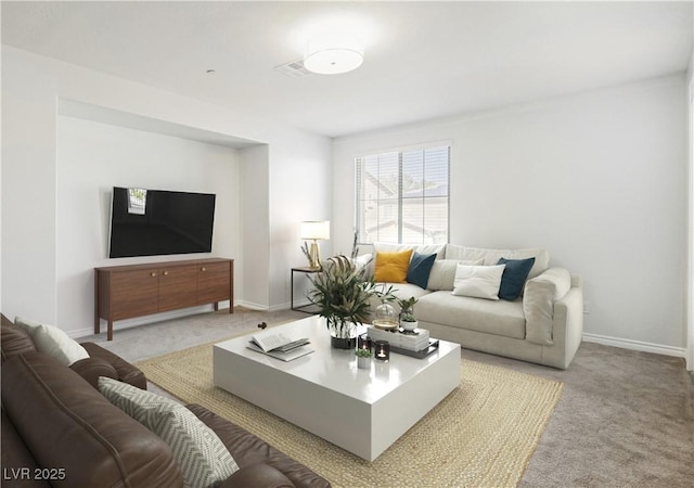 living area featuring baseboards and light colored carpet