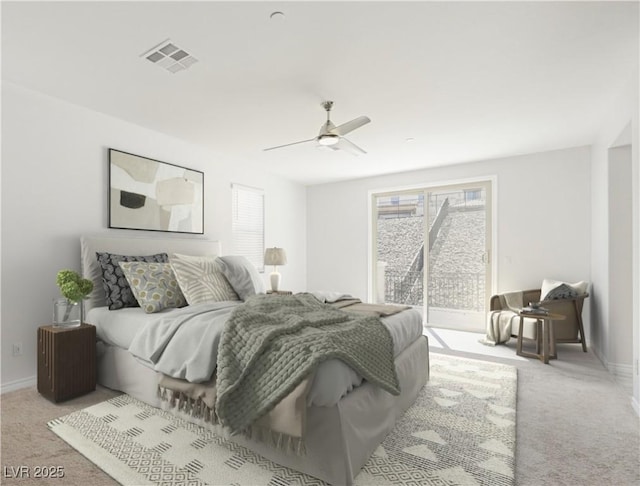 bedroom with ceiling fan, visible vents, baseboards, and light colored carpet