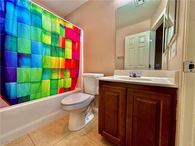 full bathroom featuring shower / bathtub combination with curtain, vanity, toilet, and tile patterned flooring