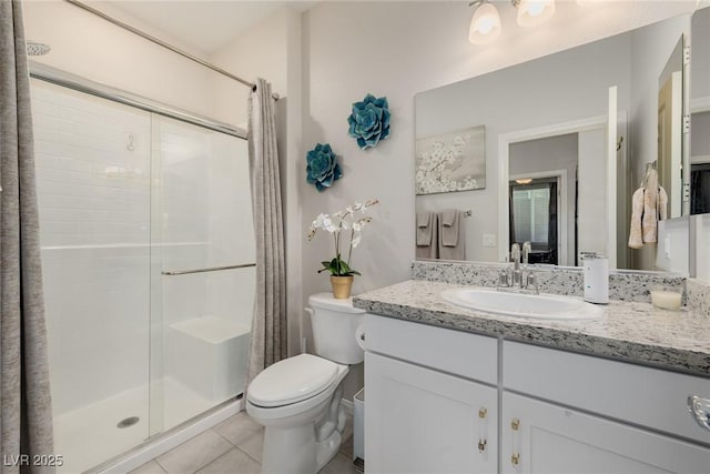 bathroom featuring walk in shower, tile patterned floors, toilet, and vanity