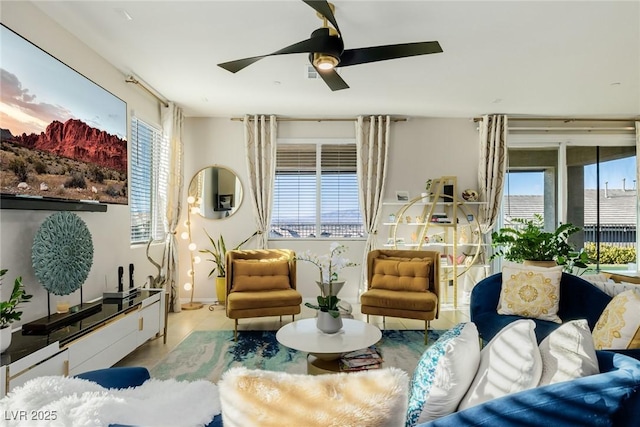 living room featuring ceiling fan