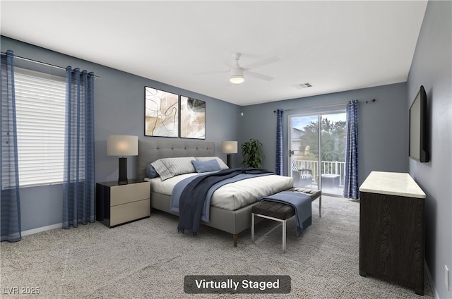 bedroom featuring light carpet, baseboards, visible vents, a ceiling fan, and access to exterior