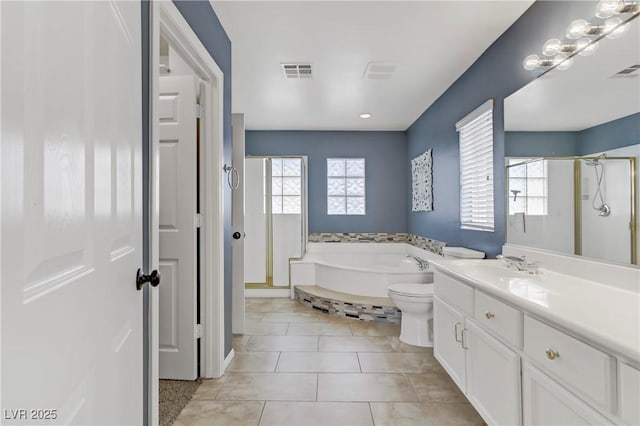 full bath featuring a bath, a stall shower, tile patterned flooring, and visible vents