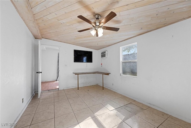 empty room with vaulted ceiling, light tile patterned floors, ceiling fan, and wood ceiling