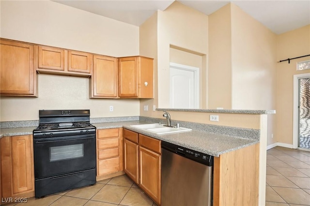 kitchen with sink, stainless steel dishwasher, light tile patterned floors, kitchen peninsula, and black range with gas cooktop