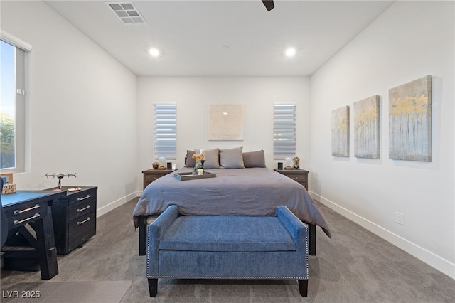 bedroom with light carpet