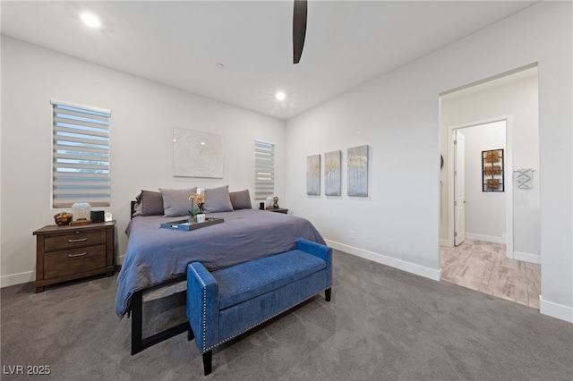 carpeted bedroom featuring ceiling fan