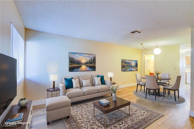 living room with hardwood / wood-style flooring and a textured ceiling