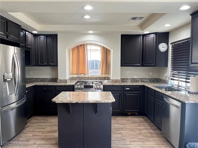 10618 Timber Stand St, Las Vegas, NV 89183 - kitchen with a tray ceiling, visible vents, a sink, a kitchen island, and stainless steel appliances
