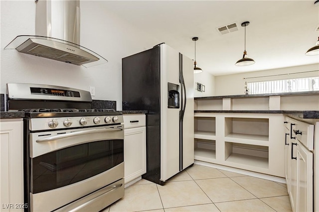 kitchen with pendant lighting, light tile patterned floors, appliances with stainless steel finishes, white cabinets, and island exhaust hood