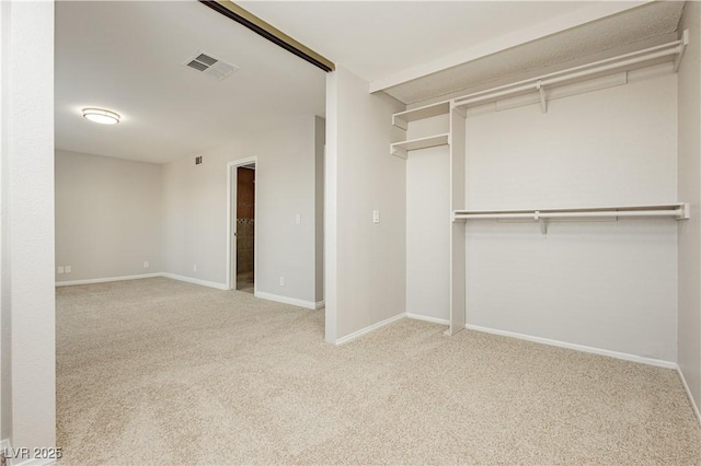 spacious closet featuring light colored carpet