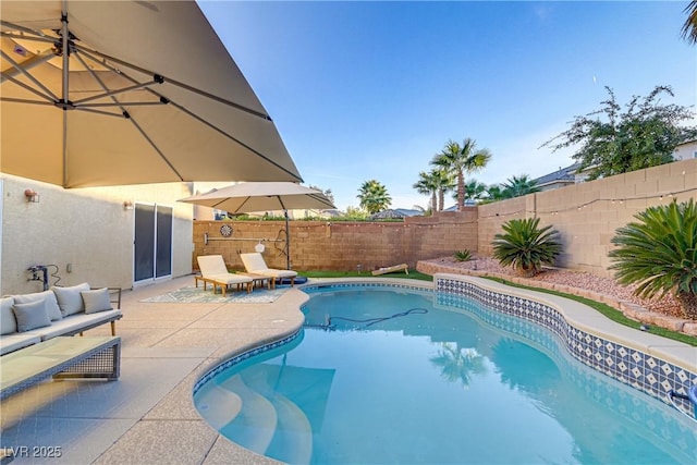 view of swimming pool featuring a patio area