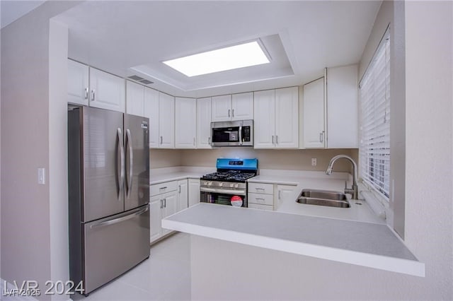 kitchen featuring white cabinetry, appliances with stainless steel finishes, kitchen peninsula, and sink