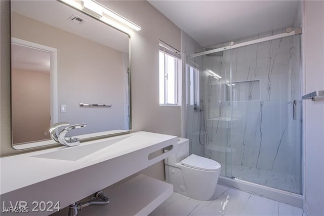 bathroom with vanity, toilet, and an enclosed shower