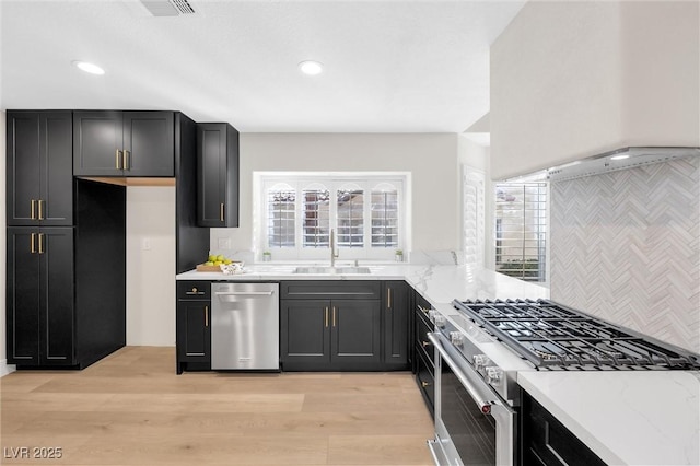 kitchen featuring sink, light stone counters, tasteful backsplash, light hardwood / wood-style flooring, and stainless steel appliances