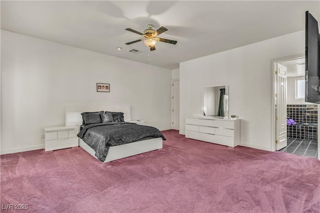 carpeted bedroom with ceiling fan and connected bathroom