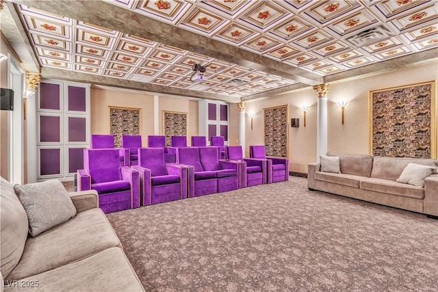 cinema with crown molding and carpet floors